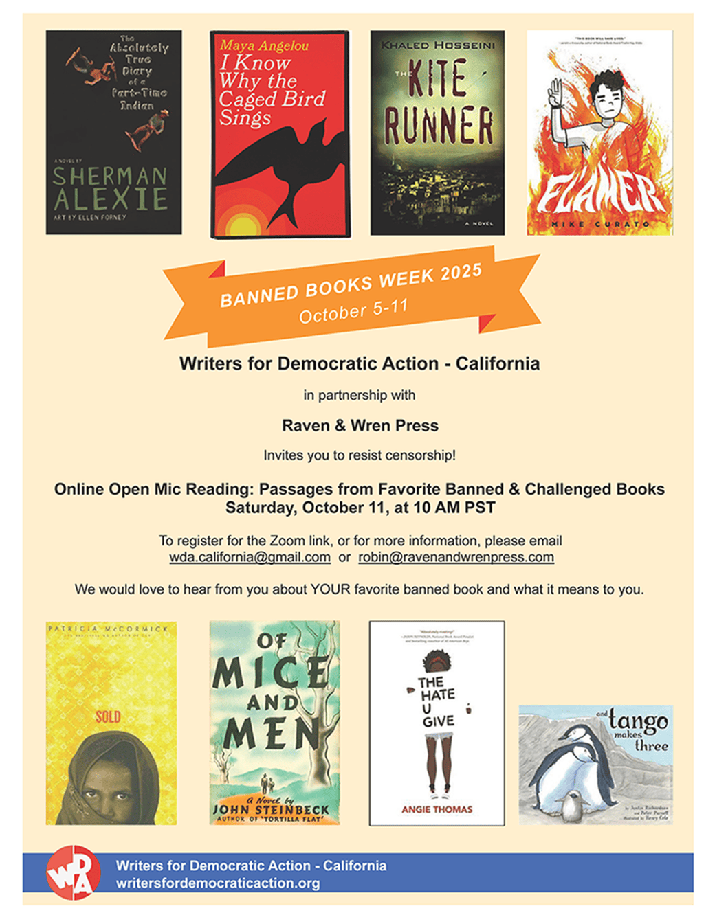 BANNED BOOKS WEEK 2025: Online Open Mic in partnership with Writers for Democratic Action-California Chapter, October 11, at 10 AM&nbsp;PST