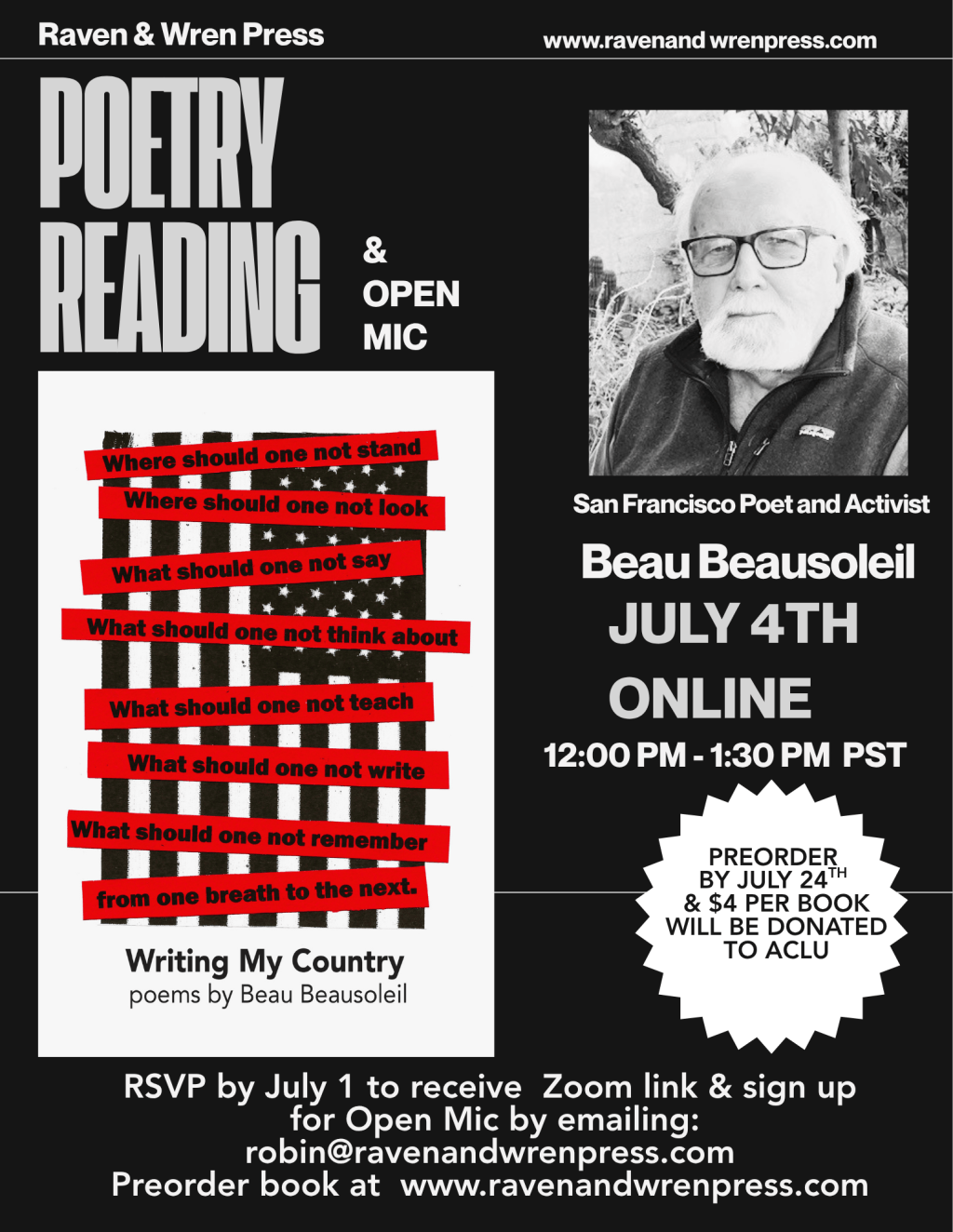 Preorder WRITING MY COUNTRY now. For every book preordered by July 24, 2026,  Raven & Wren Press will donate $4 to the American Civil Liberties Union&nbsp;(ACLU)